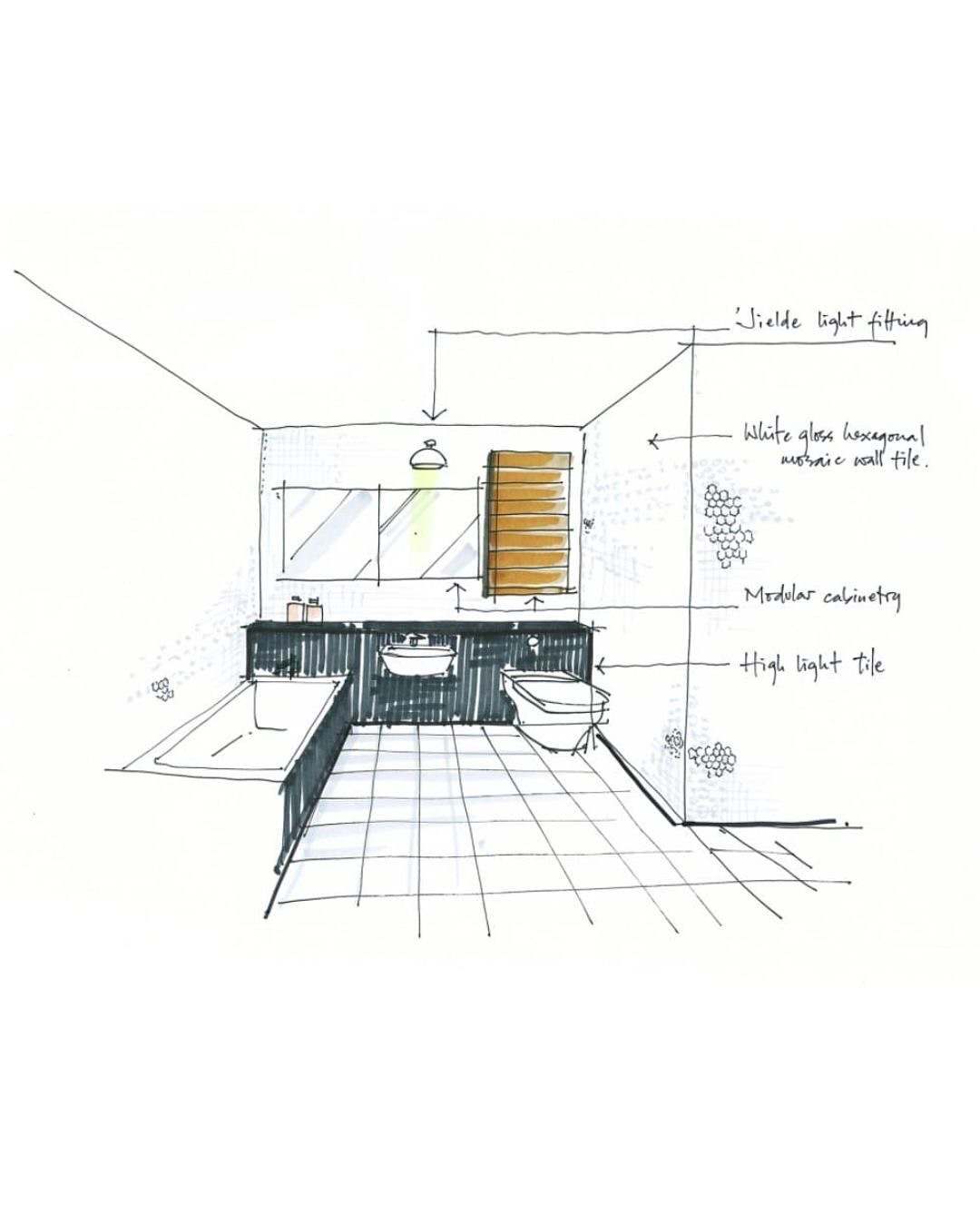 Hand-drawn design sketch of a bathroom: mirror, modular timber cabinetry, wall-hung basin and bath